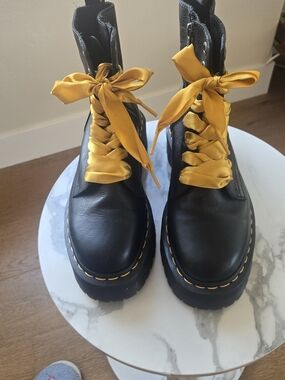Dr. Martens Black Leather Combat Boots with Yellow Laces